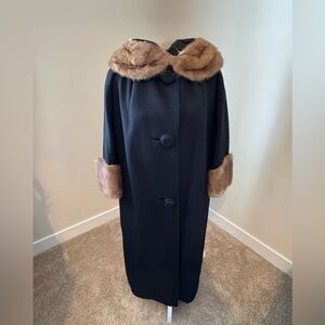 Classic Black Coat with Brown Fur Trim